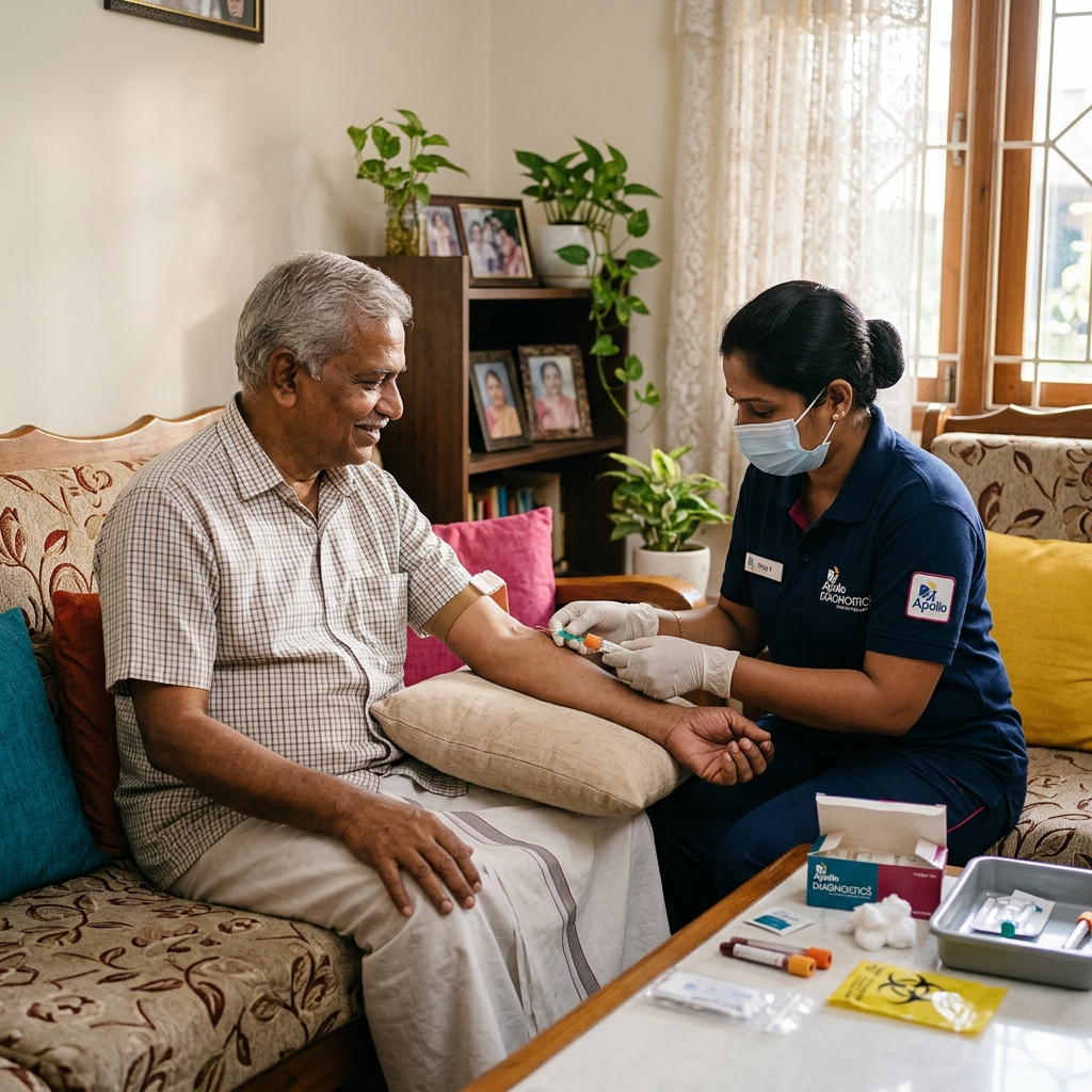 Apollo diagnostic expert collecting blood sample from a senior patient at home